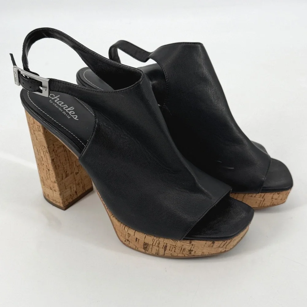 Charles by‎ Charles David Black Faux Leather Cork Platform Sandals Size 11M